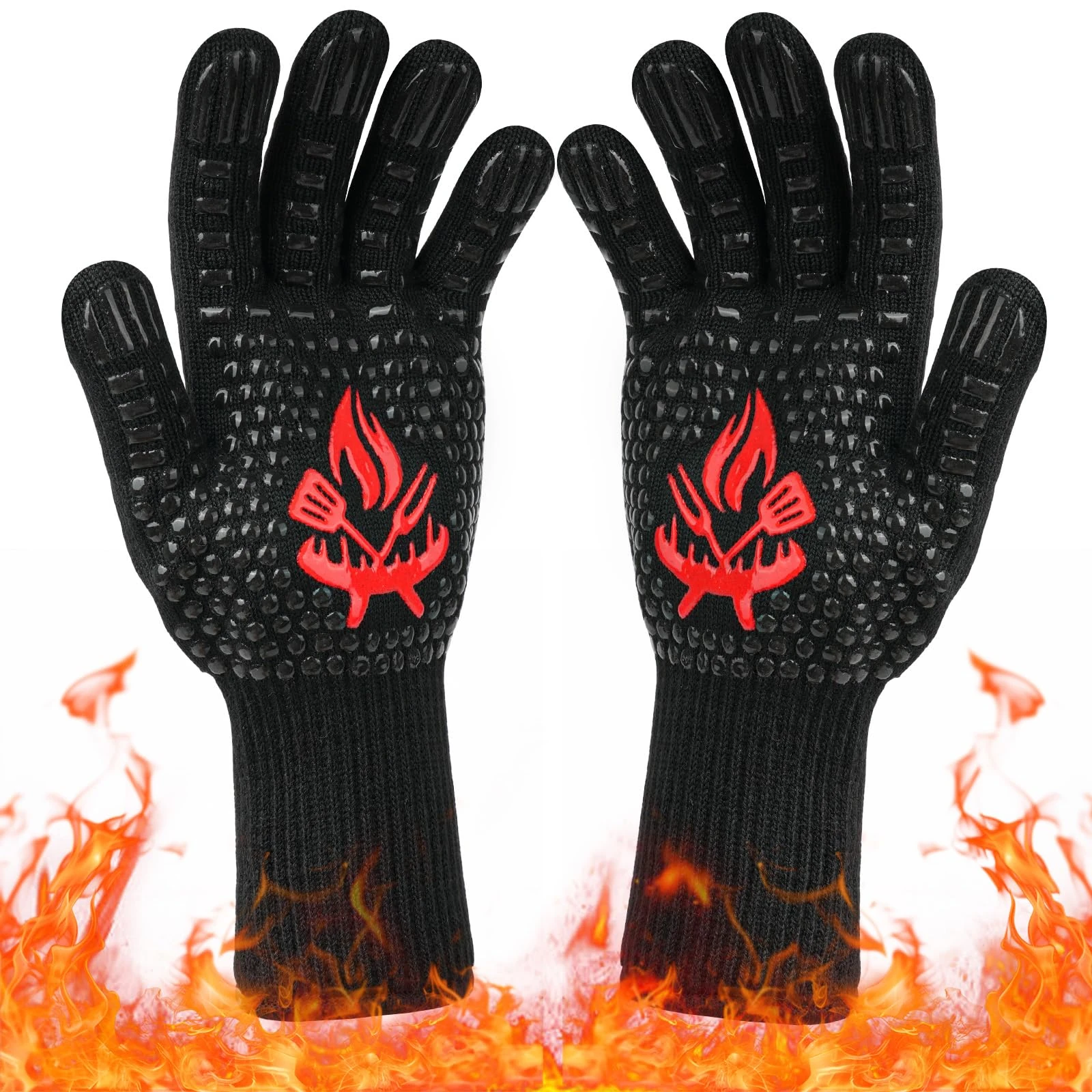 Extreme Heat Resistant BBQ Gloves 800°C, Silicone Oven Mitts for Cooking, Grilling, Baking, Wood Stove & Fireplace – Heat Proof Gloves with Non-Slip Grip & Long Cuffs for Men and Women (L)