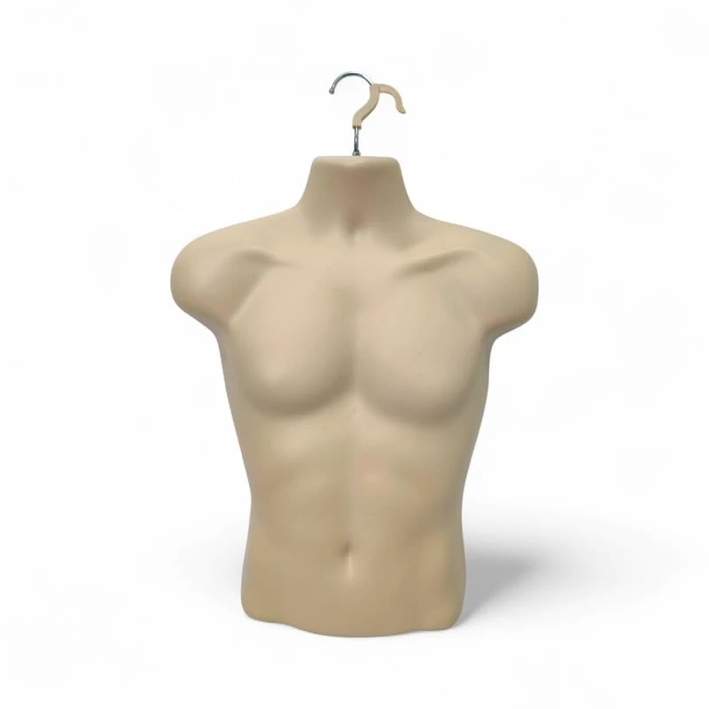Matt Skin-Male Hanging Mannequin Torso – Hard Plastic 3/4 Body Form with Hook – Hollow Back Display Bust for Tops, Shirts, Accessories