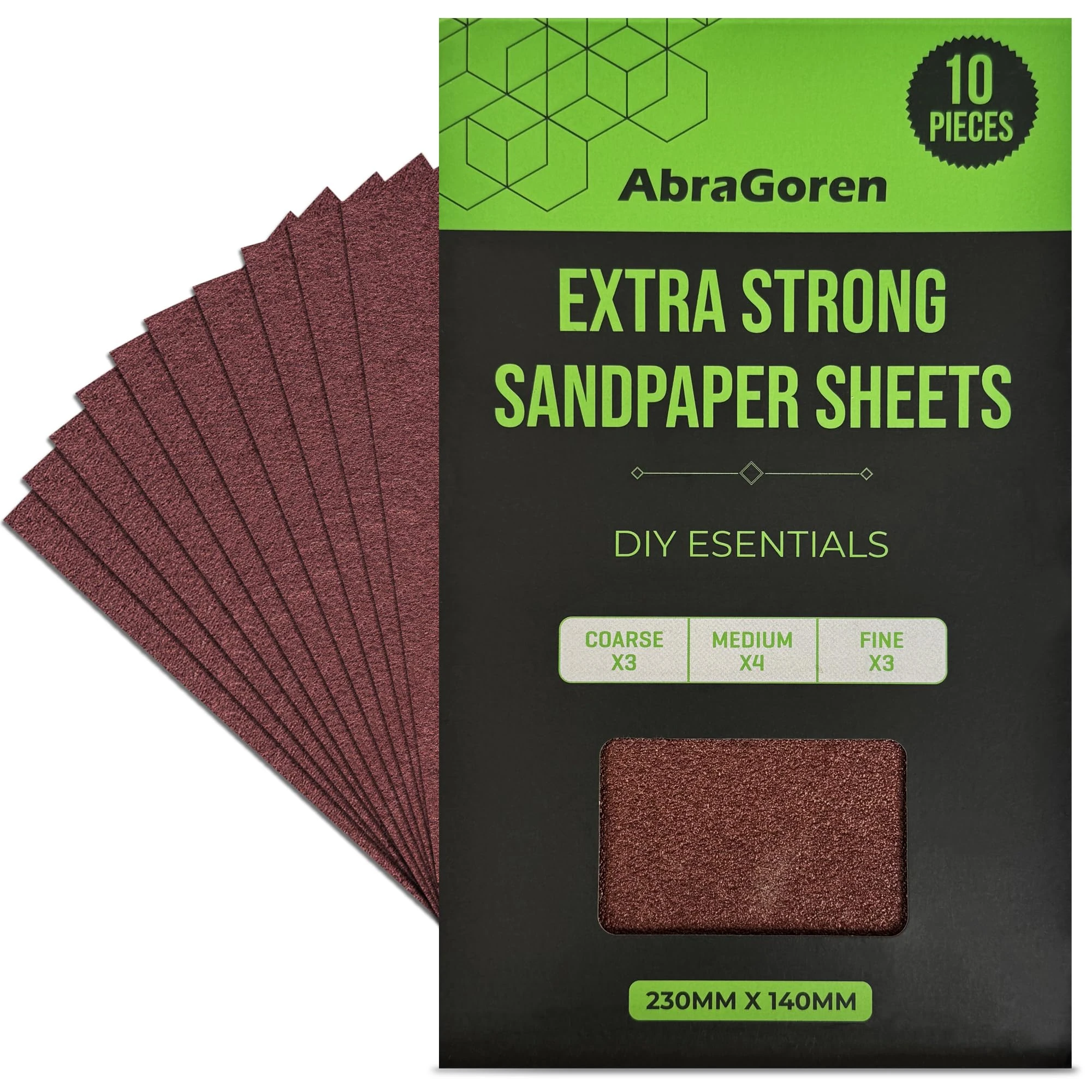 Pack of 10 Sand Paper Sheets - Mixed Grits, 3x Fine, 4x Medium, 3x Coarse - Assorted Sandpaper for Wood and Walls (Extra Strong)