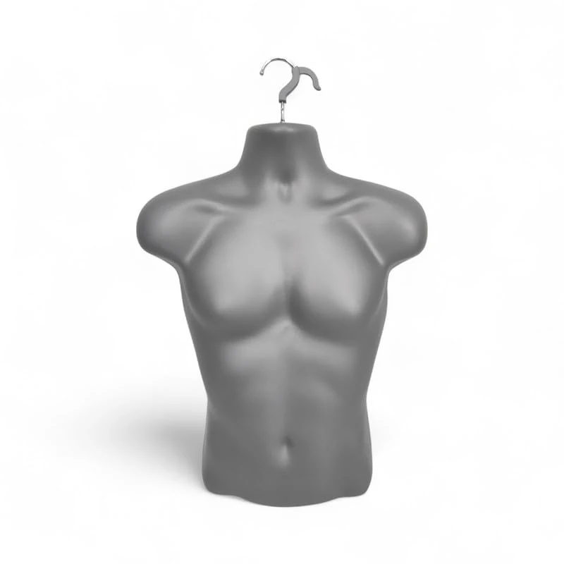 Matt Silver-Male Hanging Mannequin Torso – Hard Plastic 3/4 Body Form with Hook – Hollow Back Display Bust for Tops, Shirts, Accessories