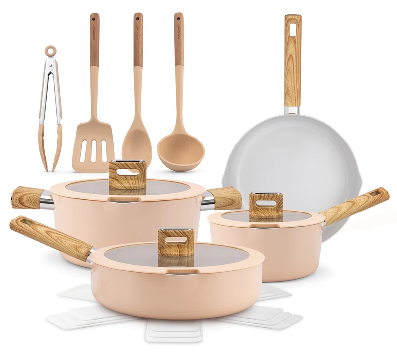 NutriChef 14-Piece Non-Stick Ceramic Cookware Set - Induction Safe Pots and Pans with Glass Lids, Cool-Touch Handles, Even Heat Distribution, Dishwasher Safe, Includes Ladle, Tong, Spatula (Pink)