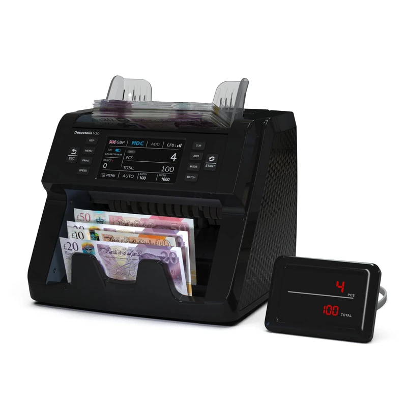 Detectalia V30 Banknote Counter and Counterfeit Detector with Dual CIS, 4.5” Touchscreen + External Display, Serial Number Reading, Multi-Currency Mixed Counting, 1200 Notes/Minute, USB