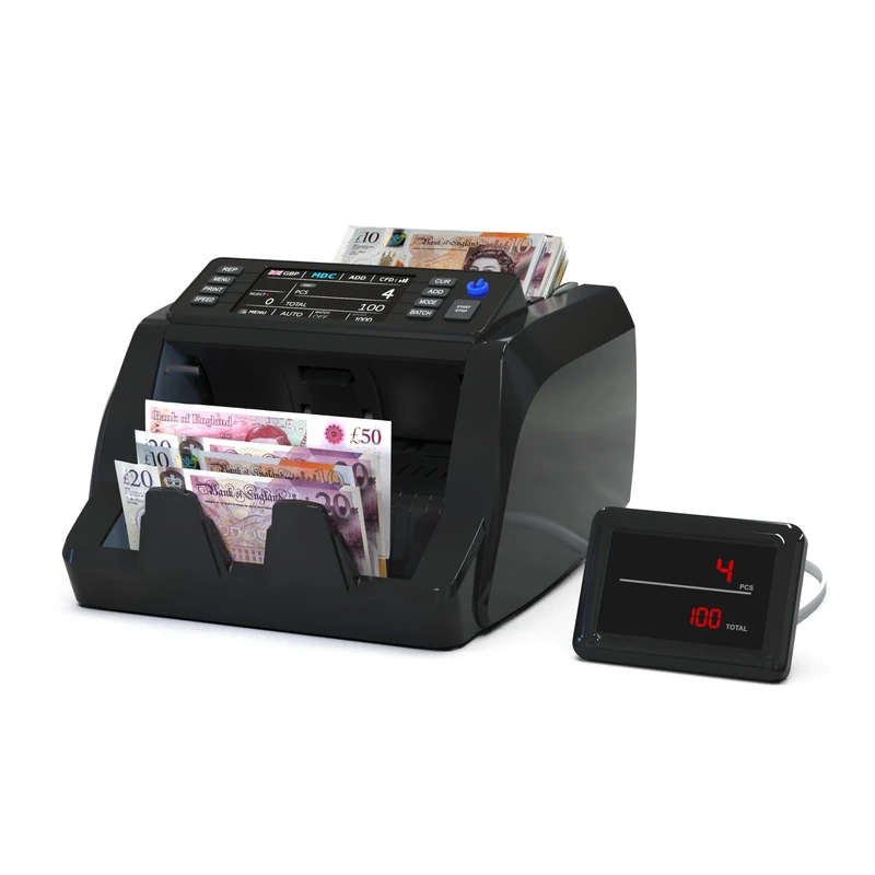 Detectalia V20 Banknote Counter with UV/MG/IR/MT/CIS Detection, 4.5” Touchscreen + External Display, Serial Number Reading, Multi-Currency Mixed Counting, 1200 Notes/Minute