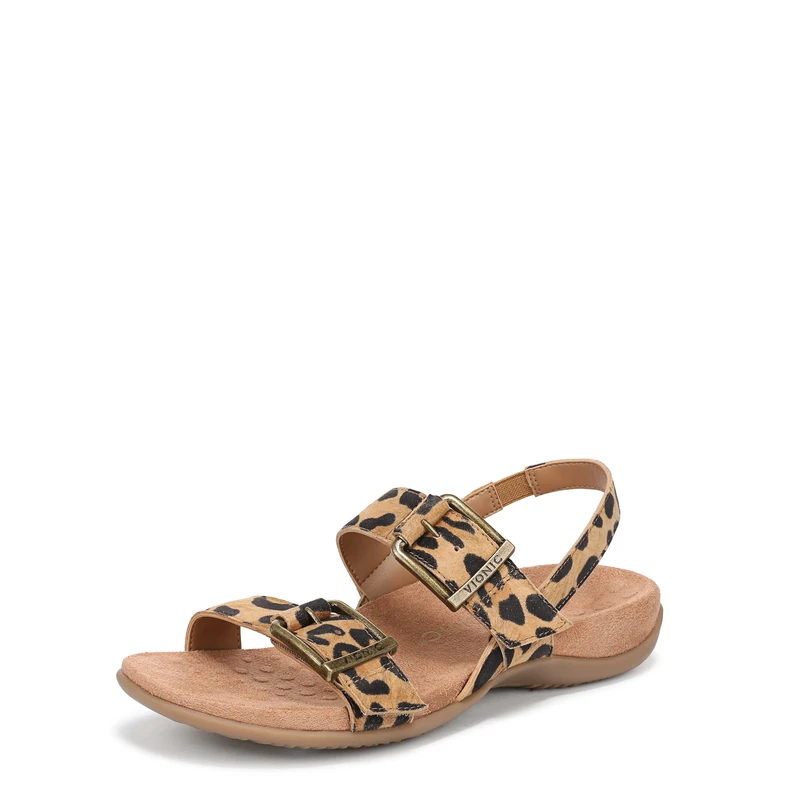 Vionic Women's Reese Flat Sandals, Tan Leopard Suede, Wide Fit, UK 4
