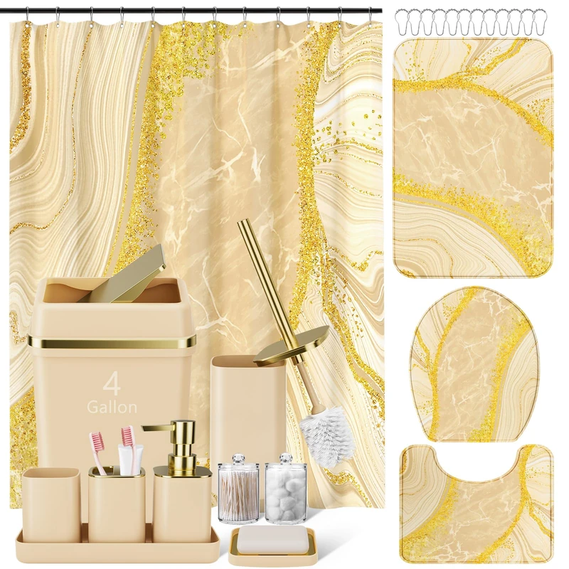 25PCS Bathroom Sets with Shower Curtain and Rugs Bathroom Accessory Set Beige Bathroom Set with Large-Capacity 4 Gallon Trash Can Toilet Brush Toothbrush Holder Soap Dispenser