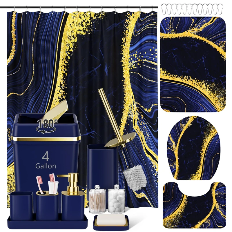 25PCS Bathroom Sets with Shower Curtain and Rugs Bathroom Accessory Set Navy Blue Bathroom Set with Large-Capacity 4 Gallon Trash Can Toilet Brush Toothbrush Holder Soap Dispenser