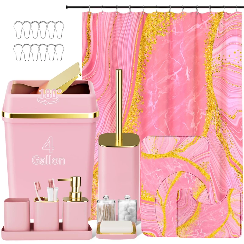 25PCS Bathroom Accessory Set, Pink Bathroom Set with Large-Capacity 4 Gallon Trash Can,Bathroom Rugs Set, Waterproof Shower Curtain, Toilet Brush, Toothbrush Holder & Soap Dispenser