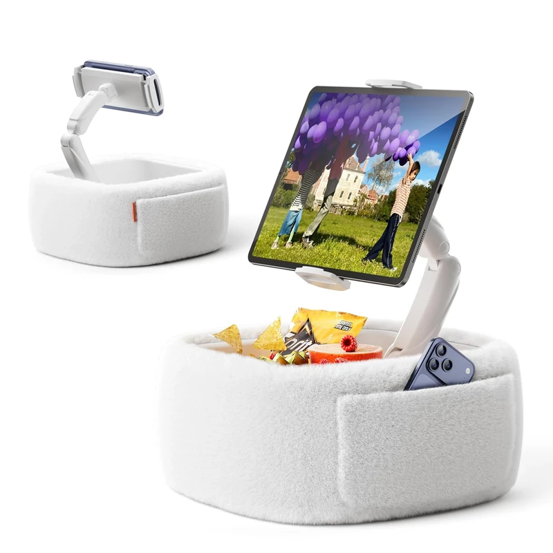 LULULOOK Tablet Pillow Stand, 360°Adjustable kindle Pillow Stand with Snack Bowl,Arm stand for 4.7-14.8" Kindle,ipad,phone,Tablet, White