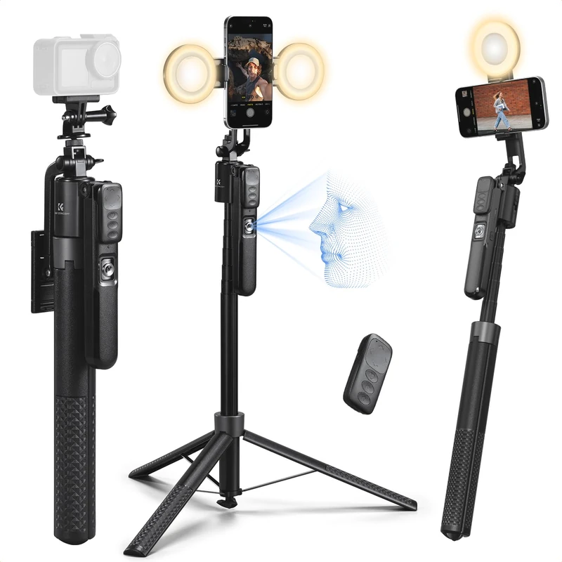 K&F CONCEPT 180 cm Face Tracking Tripod for iPhone/Android,360 Rotation Mobile Phone Tripod with Light and Remote,Phone Selfie Stick for Smartphone,iPhone Tripod Stand for Filming Video,Vlog Recording