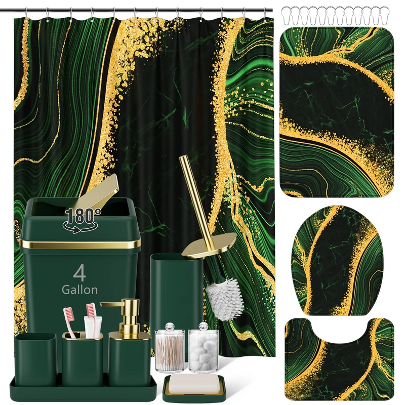 25PCS Bathroom Sets with Shower Curtain and Rugs Bathroom Accessory Set Dark Green Bathroom Set with Large-Capacity 4 Gallon Trash Can Toilet Brush Toothbrush Holder Soap Dispenser