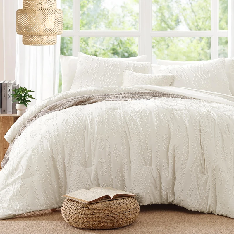 AMBERSPACE King Size Comforter Set White, Tufted Boho Bedding Farmhouse Bed Set, All Season 7 Pieces Bed in a Bag with Sheets, Pillowcases & Shams