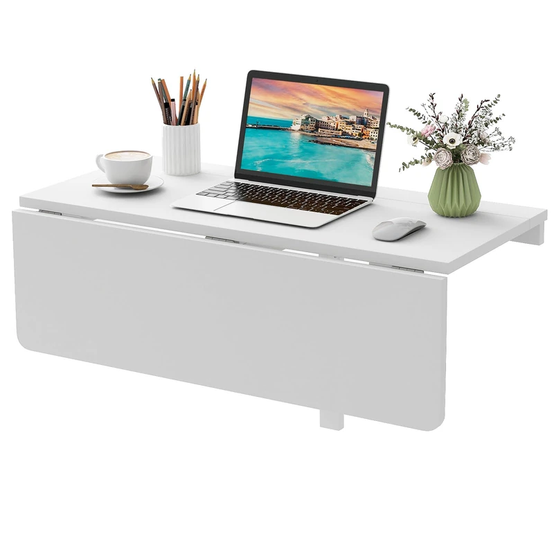 FANTASK Wall Folding Table, Floating Desk, Folding Wall Table, Space Saving Kitchen Table for Kitchen, Dining Room, Study (White) - Image 1