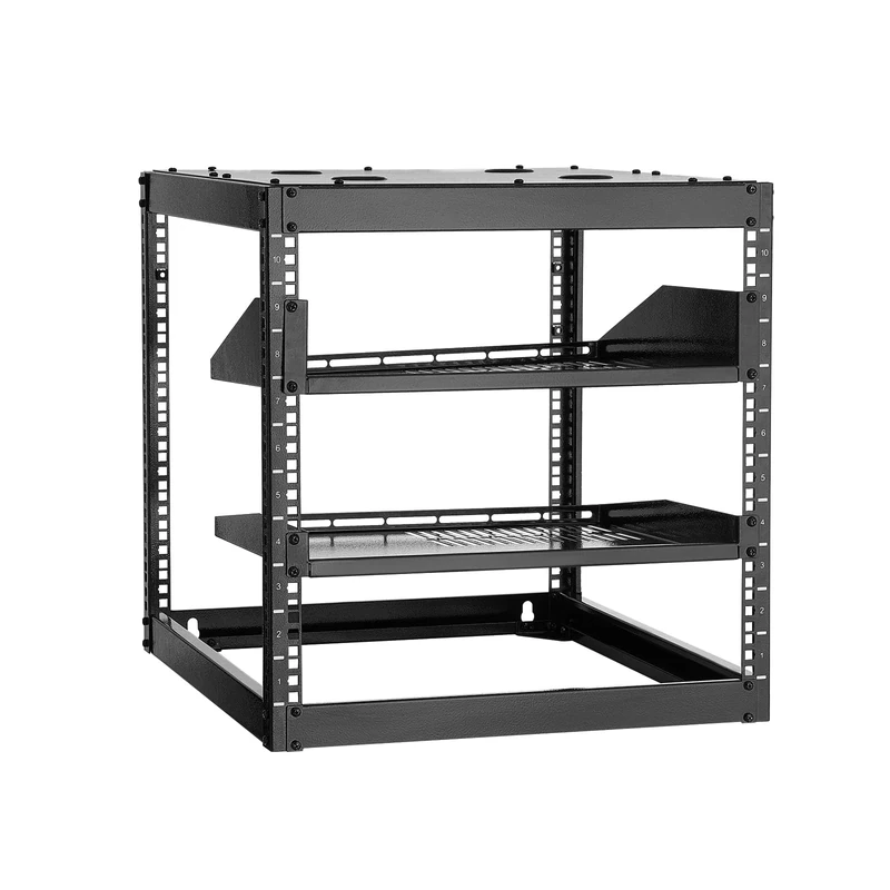 VEVOR 10U Open Frame Network Rack, 23 in Depth, Wall Mounted or Floor Standing Server Rack, Heavy Duty 4 Post, with Vented Shelves & Mounting Hardware, Holds All Your Networking IT Equipment AV Gear