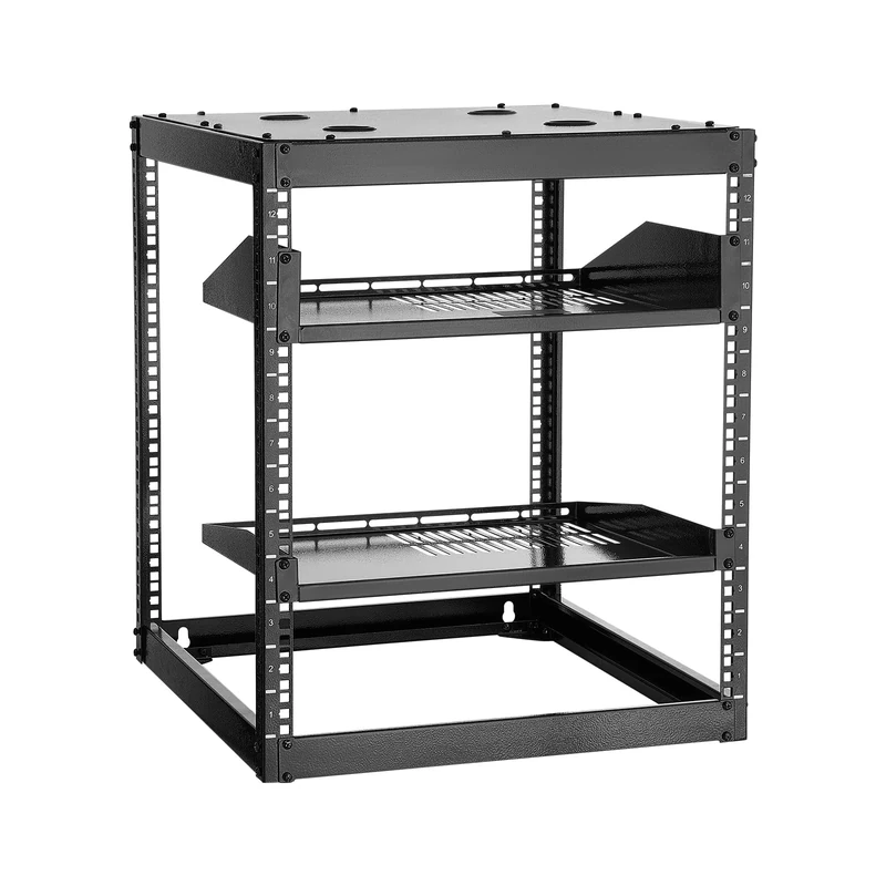 VEVOR 12U Open Frame Network Rack, 23 in Depth, Wall Mounted or Floor Standing Server Rack, Heavy Duty 4 Post, with Vented Shelves & Mounting Hardware, Holds All Your Networking IT Equipment AV Gear