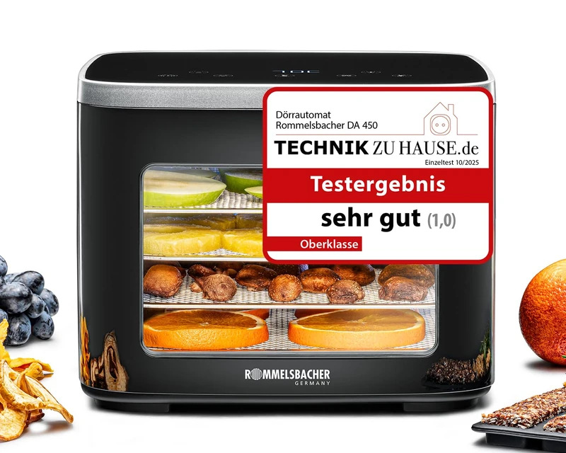 ROMMELSBACHER DA 450 Dehydrator 0.2 m² with 5 Stainless Steel Dehydrator Trays, 1 Drying Rack, 1 Drying Mat, 2 Cereal Moulds, LCD Display, 99 Hour Timer, Temperature Adjustable (35 °C - 80 °C)