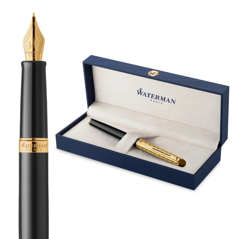 Waterman Hémisphère Fountain Pen | The Opera Collection | Medium Nib and Blue Ink | Black & Gold Trim | Gift Box