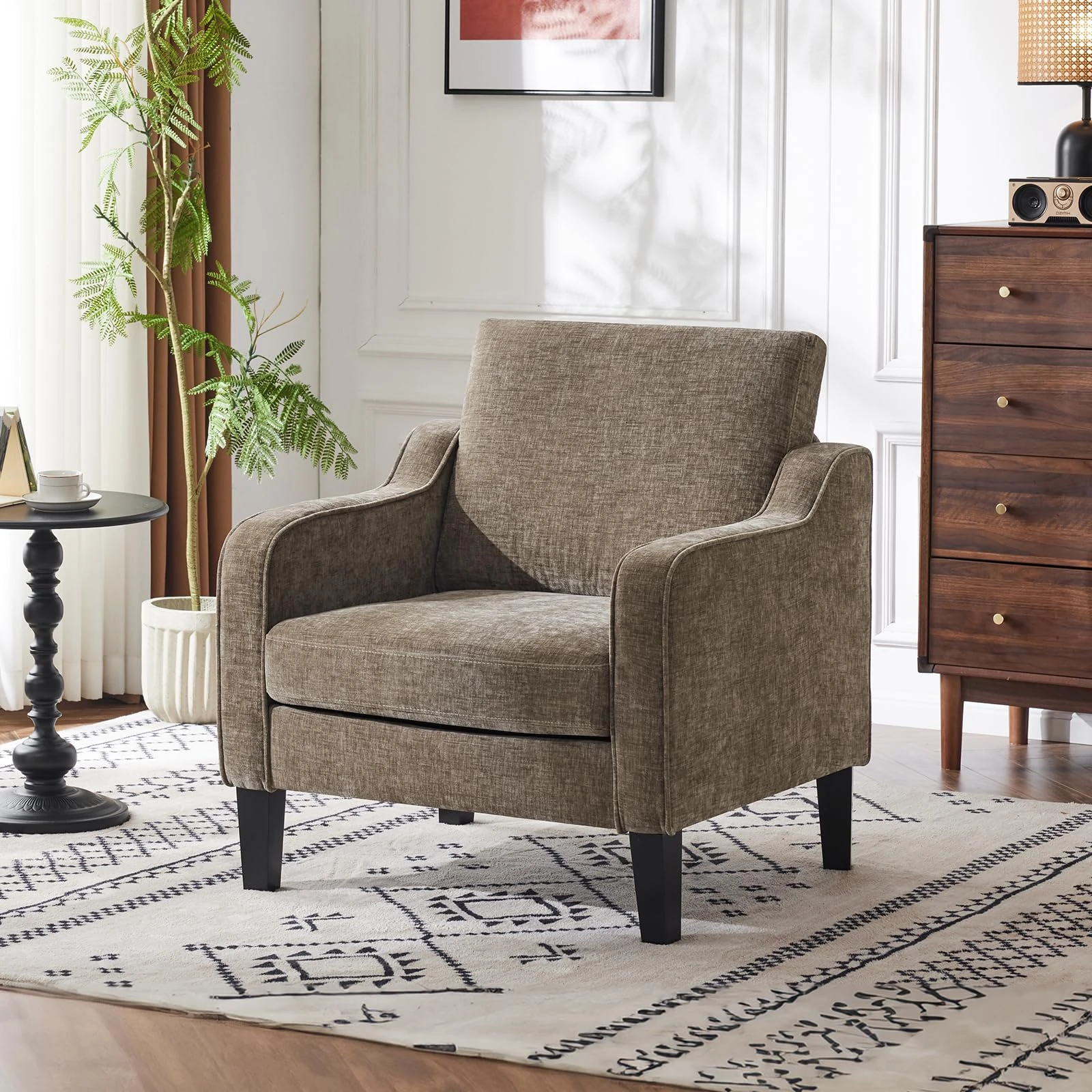 Bonnlo Armchair, Mid Century Modern Fabric Accent Chair for Living Room, Small Tub Chair with Thick Cushion, Comfortable Lounge Chair Perfect for Bedroom, Apartment, Office, Light Brown, Chenille