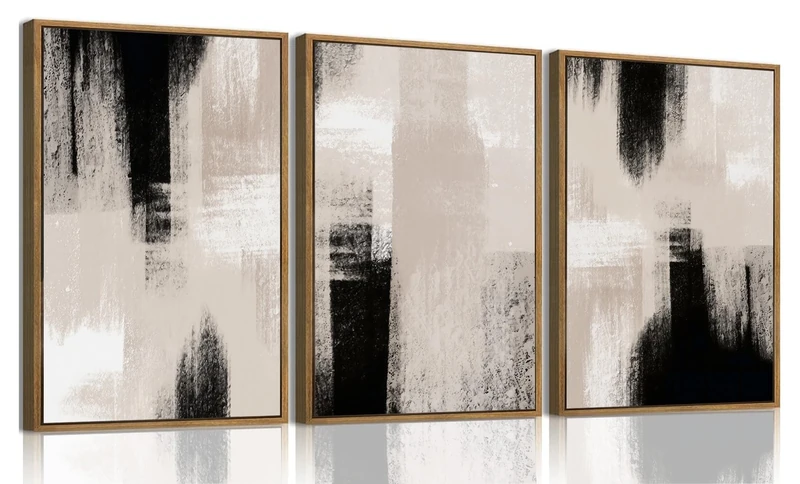 KISSFOX 3 Piece Framed Wall Art Abstract Wall Decor Black Beige Gray Pictures Modern Minimalist Canvas Art Large Nature Paintings Artwork for Living Room Bedroom Office