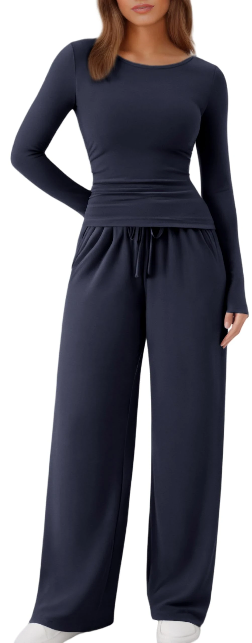 Womens 2 Piece Outfits Casual Long Sleeve Crop Top and Wide Leg Sport Pants Matching Tracksuits Clothes Set LoungewearNavy BlueXS