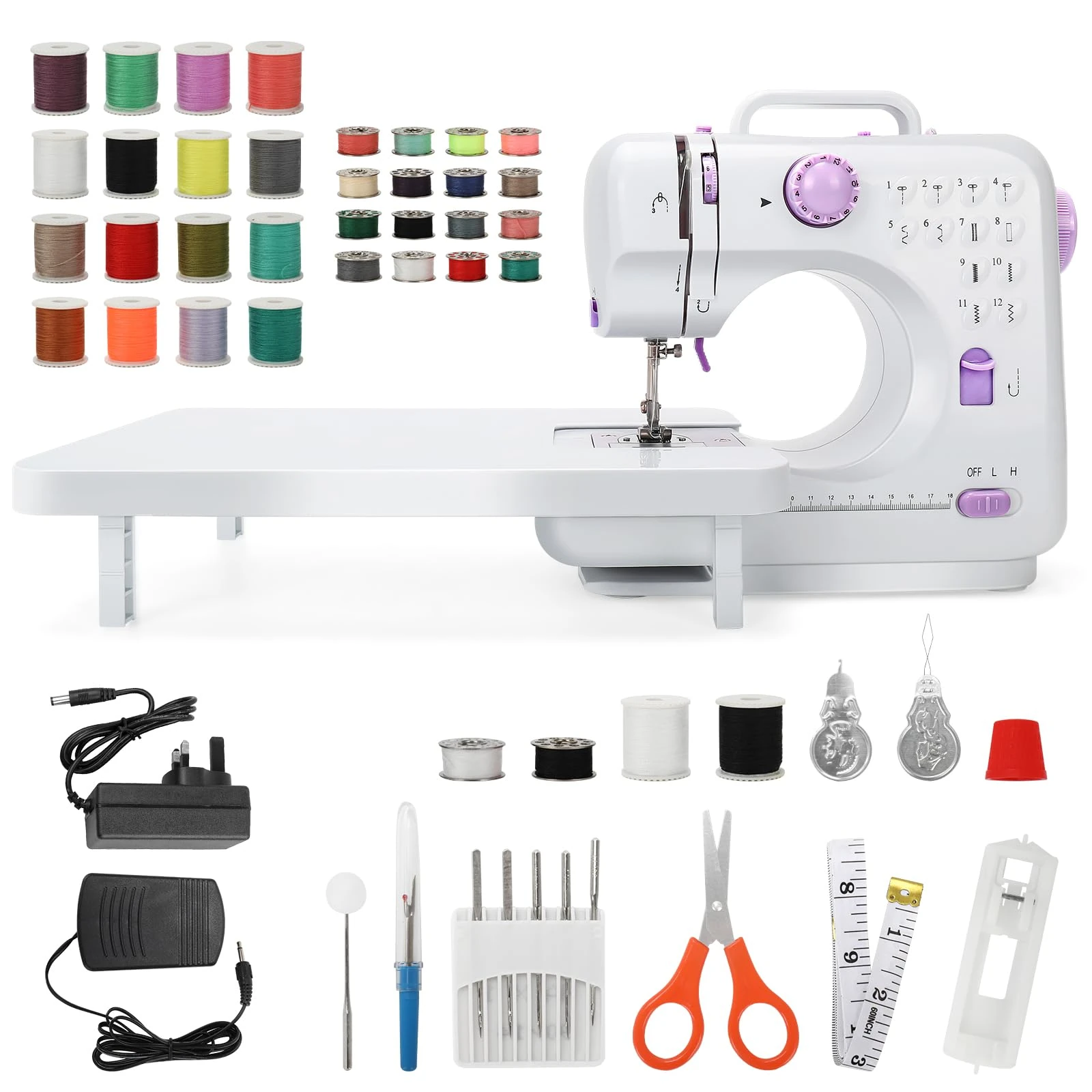 Mini Sewing Machine with Extension Table for Beginners, Mini Sewing Machine with 42pcs Threads Kit, 12 Stitches, Foot Pedal, 2 Speed and LED Light, for Clothing, Bed Sheets