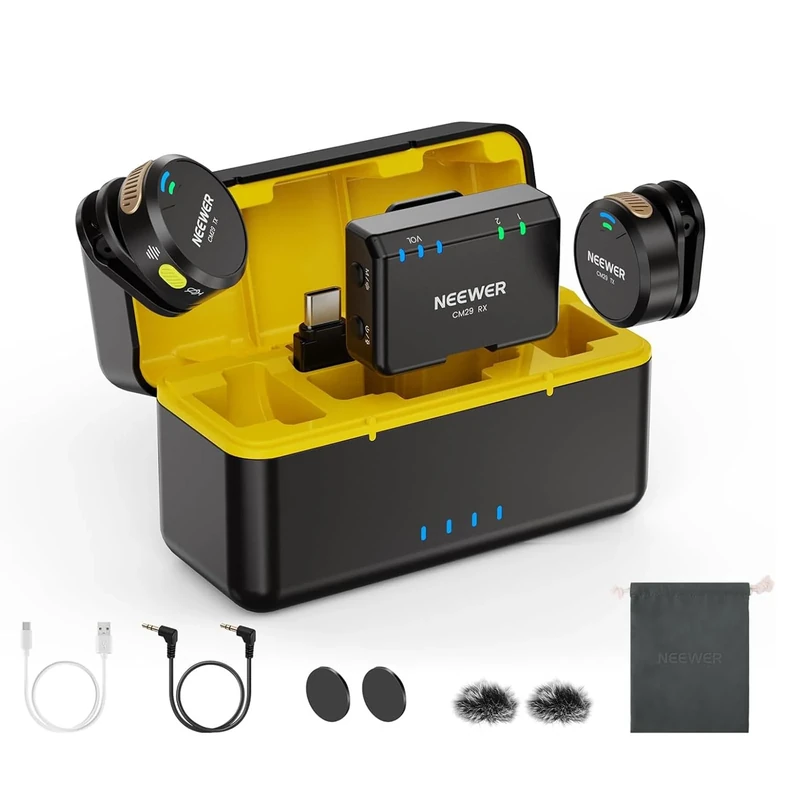 NEEWER CM29 Mini Wireless Microphone, 48KHz/24Bit Noise Cancelling Clip On Lav Mic, 25H Battery, 150m Range, Compatible with iPhone iPad Android DJI Insta360 Camera PC Mac (1RX+2TX+Charging Case)