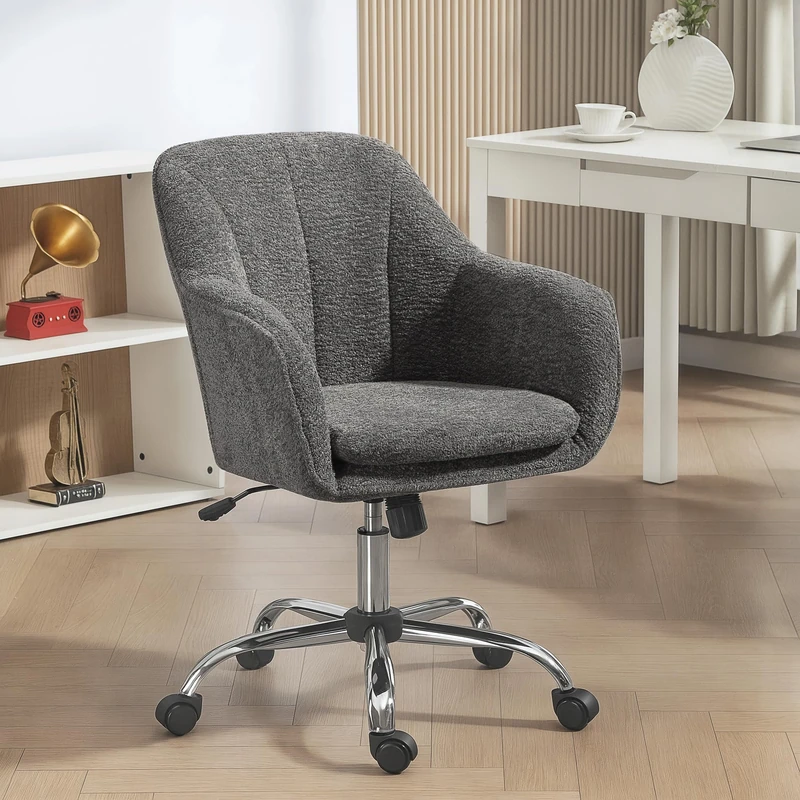 HOMCOM Snow Flannel Office Chair Makeup Vanity Chair Wheeled Grey