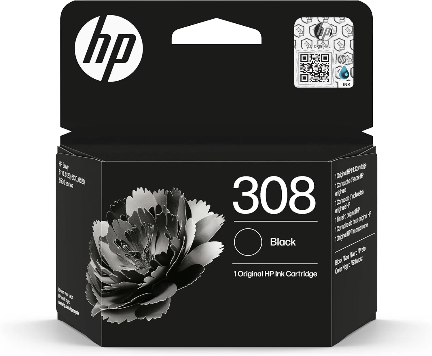 HP 308 Black Ink Cartridge - For ENVY 6122e 6532e 6520e 6132e 6530e 6120e 6110e 6558e 6110e 6130e All-in-One Printers