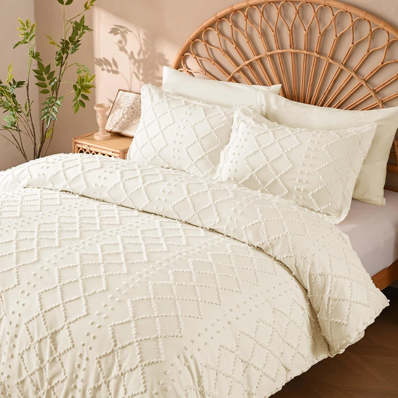 Manyshofu Beige Tufted Duvet Cover Set, 5 Piece Boho Full Bedding