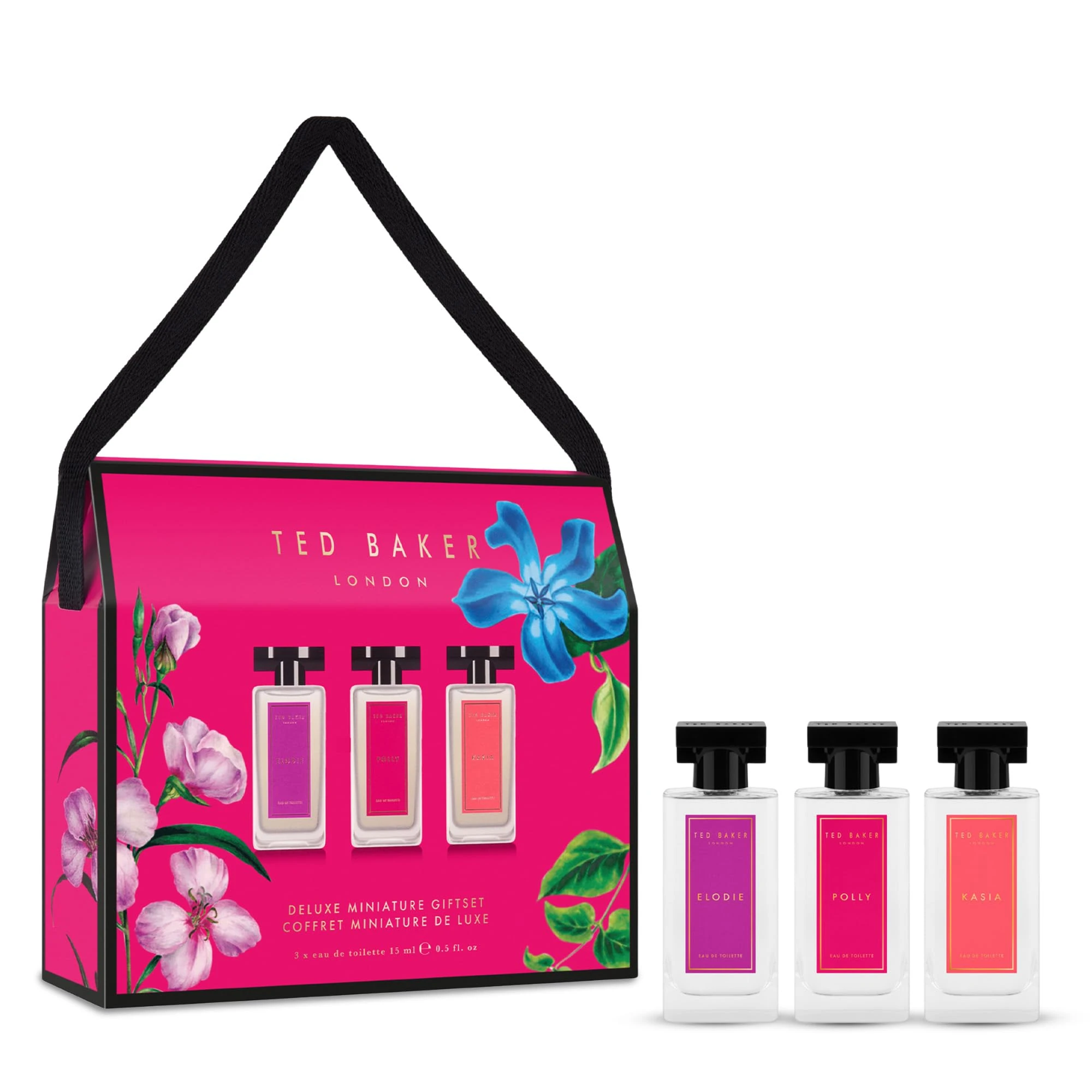 Ted Baker Miniatures Handbag Gift Set for Women, 3 x 15ml Eau de Toilettes Elodie, Polly and Kasia, Fruity Floral & Amber Miniatures in a Deluxe Handbag Box