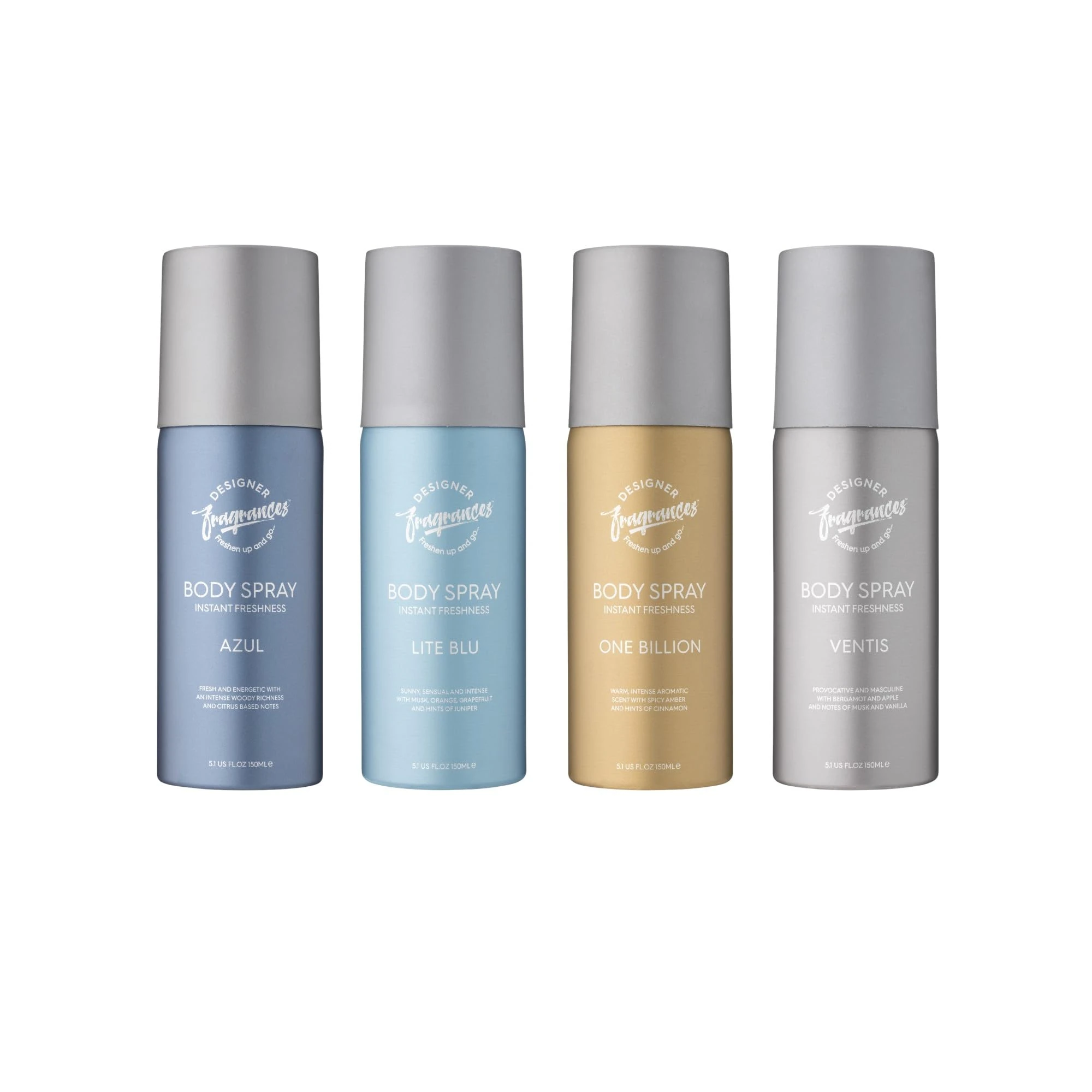 Designer Fragrances 4 Pack Assorted Bundle Men's Body Spray Deodorant Cans - Azul - Lite Blu - One Billion - Ventus - Instant Freshness on The Go - Long Lasting Smell - Great Male Gift Sets - 150ml