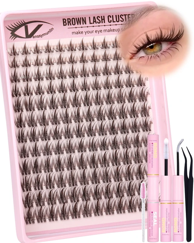 VANSSYMUNLIN Brown Manga Lashes Individual Cluster Kit Natural Wispy Eyelashes Individual Kit C Curl Anime Lash Clusters 10-18mm Eyelash Clusters Fairy Eyelash Extension Kit with Eyelash Brush