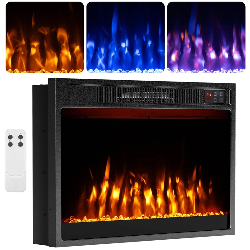GiantexUK Recessed Electric Fireplace, Insert Electric Fire Heater with Flame Colors, Brightness, Thermostat, Timer, Remote & Overheat Protection (750W/1500W, 23’’, with Crystal)