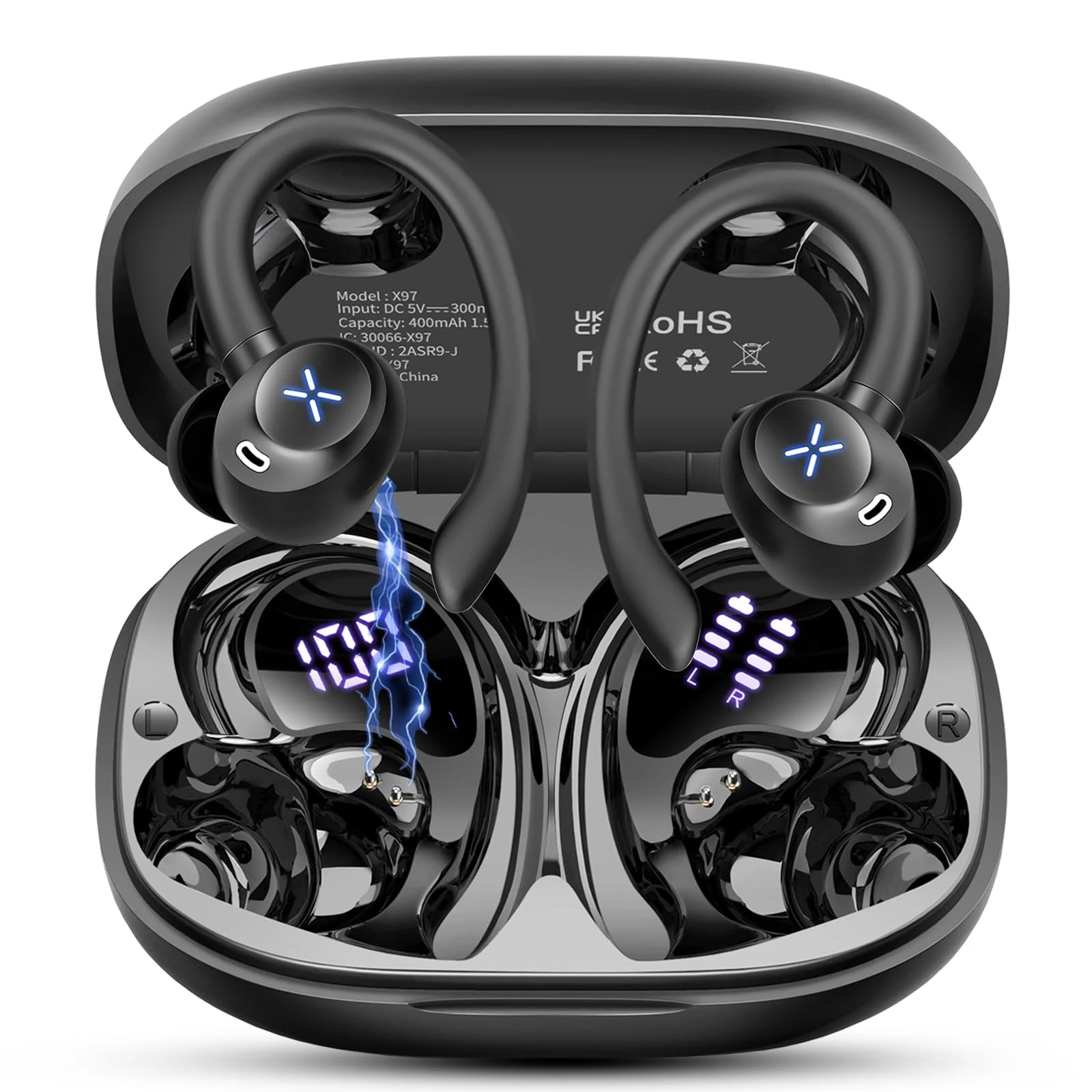 Wireless Earbuds Sport, Bluetooth 5.4 Headphones with 50H Deep Bass Stereo, Wireless Earphones with Earhooks 4 ENC Noise Cancelling Mic, Bluetooth Earbuds IP7 Waterproof, LED Display for Running/Gym