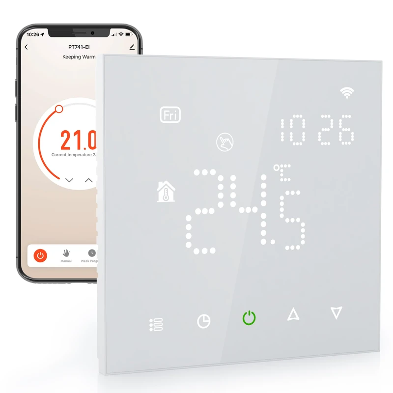 Elektrobock PT741W-EI Room Thermostat with WiFi, Smart Thermostat for Underfloor Heating and Electric Heating, 6 Programmes per Day, Geofencing & Window Open Detection, 230 V, 16 A, White