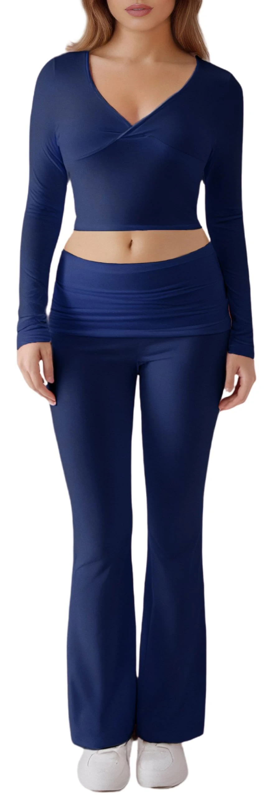 Women's 2 Piece Casual Outfits Pajama Slim Fit Long Sleeve V Neck T-Shirts Top and Soft Flared Bottom Pants Lounge Clothing Set Navy Blue L