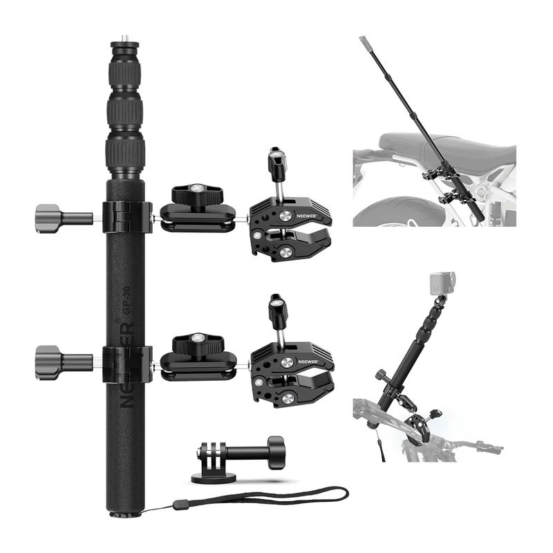 NEEWER Motorcycle Mount Accessories Kit Compatible with GoPro Insta360 DJI, Bike Tail Handlebar Invisible Selfie Stick Double Clamp Holder with Action Camera Adapter for POV Video Recording, GP-30