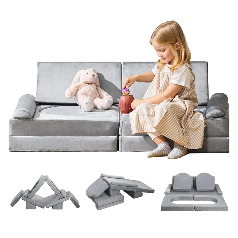 VEVOR Modular Kids Play Couch, Sectional Toddler Sofa with Armrests, 28D Sponge & Short Pile, Convertible Kids Modular Couch DIY Creative Combination for Playroom, Bedroom, Living Room, 10 Pcs, Gray