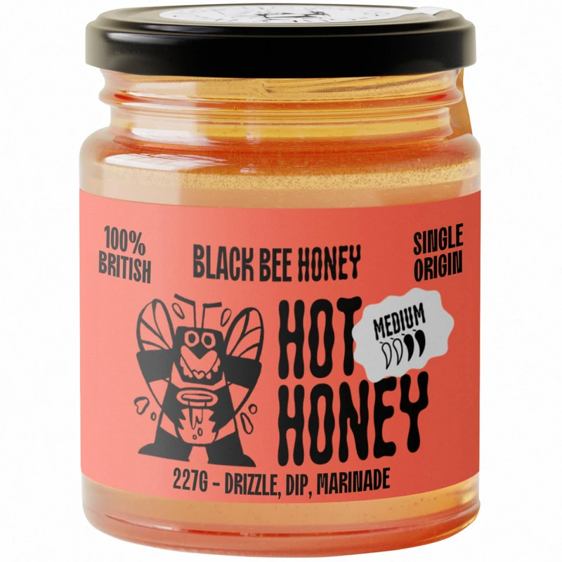 Black Bee Hot Honey with Habanero Chilli - British Wildflower Chilli Honey, Medium Heat, Sweet and Spicy, Drizzle, Dip or Marinade, Great for Pizzas and Burgers - Single Source 227g Jar
