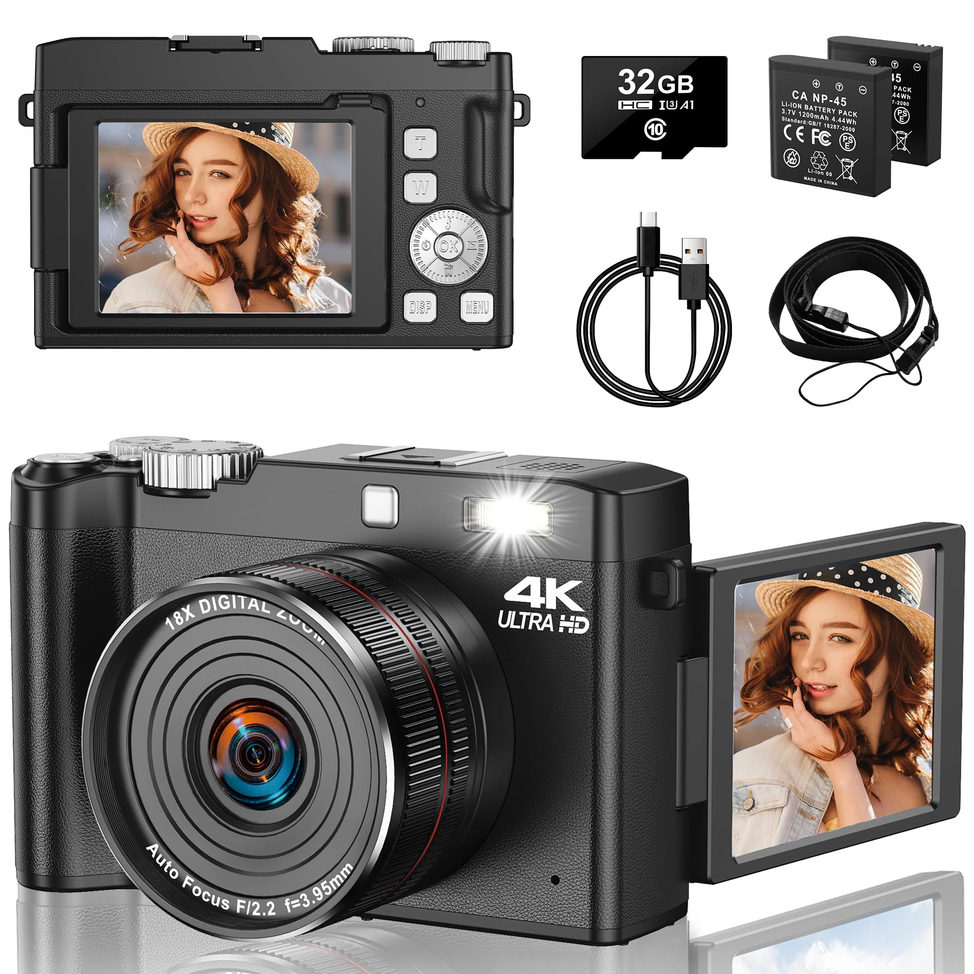 4K 64MP Digital Camera for Photography, Vlogging Camera with 2.8" 180° Flip Screen, 2 1200mAh Batteries 32GB SD Card 18X Zoom UHD Autofocus Video Camara for YouTube Beginners Teens