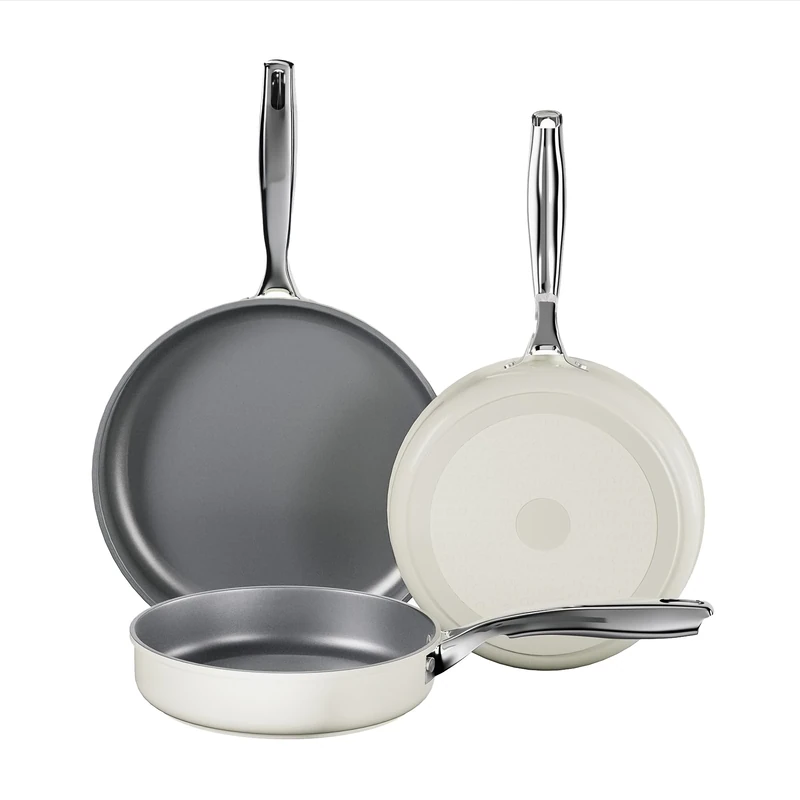 Koch Kode Ceramic Non-Stick Frying Pan Set, 3 Pieces, 20 cm, 24 cm, 28 cm with Stainless Steel Handles, Induction Cookware Set, Dishwasher Safe, Gas and Oven Compatible, Beige