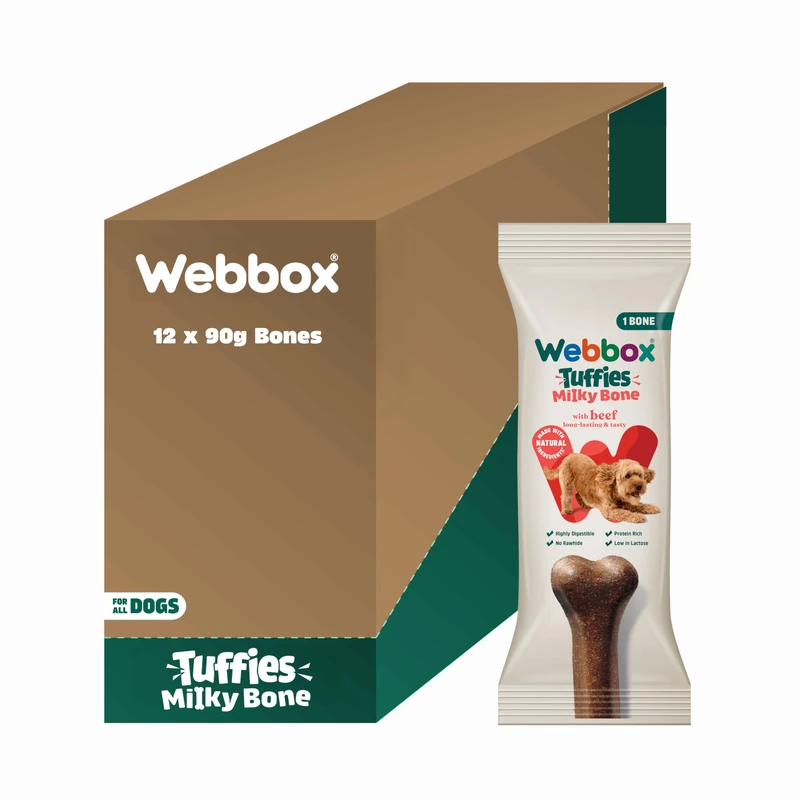 Webbox Tuffies Milky Bone Dog Treats, Beef - Long-lasting Puppy Friendly Chew, Rich in Protein & Low Lactose, Grain Free (12 x 90g Bones) - Image 1