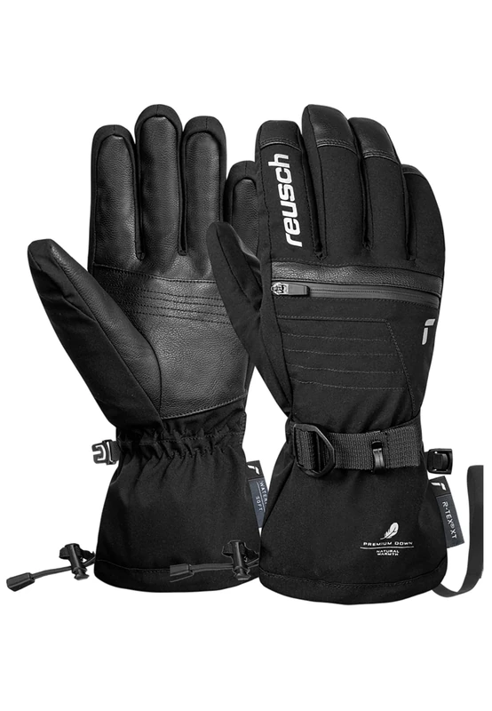 Reusch Lando R-TEX XT Unisex Ski Gloves - Waterproof, Windproof, Breathable, Real Down Insulation, Vegan Leather, Softshell, SoftPlush Lining, Powder Cuff, Heating Pocket, for Men and Women