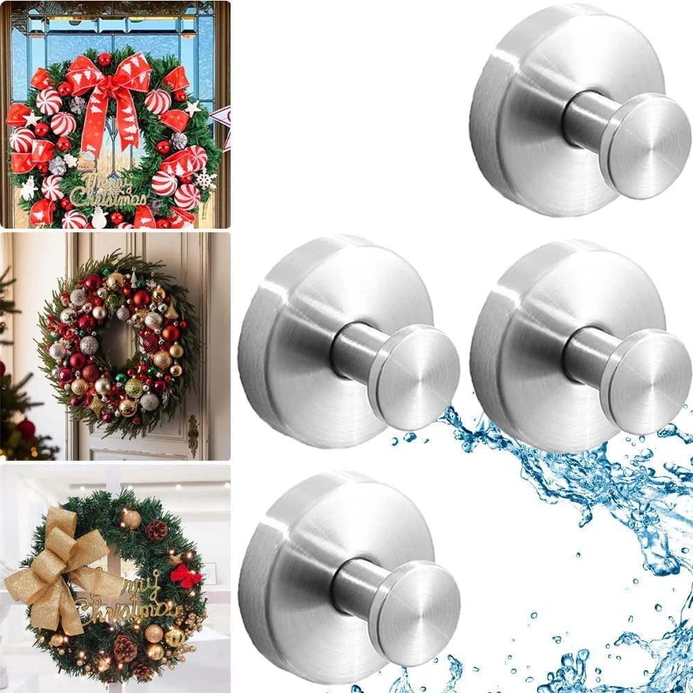 Suction Cup Hooks for Wreaths on Glass, 2025 New No Drill Suction Cup Hooks for Shower, Wreath Hanger for Front Door, Metal Towel Hooks for Window Bathroom Mirrors (Silver, 4pcs)