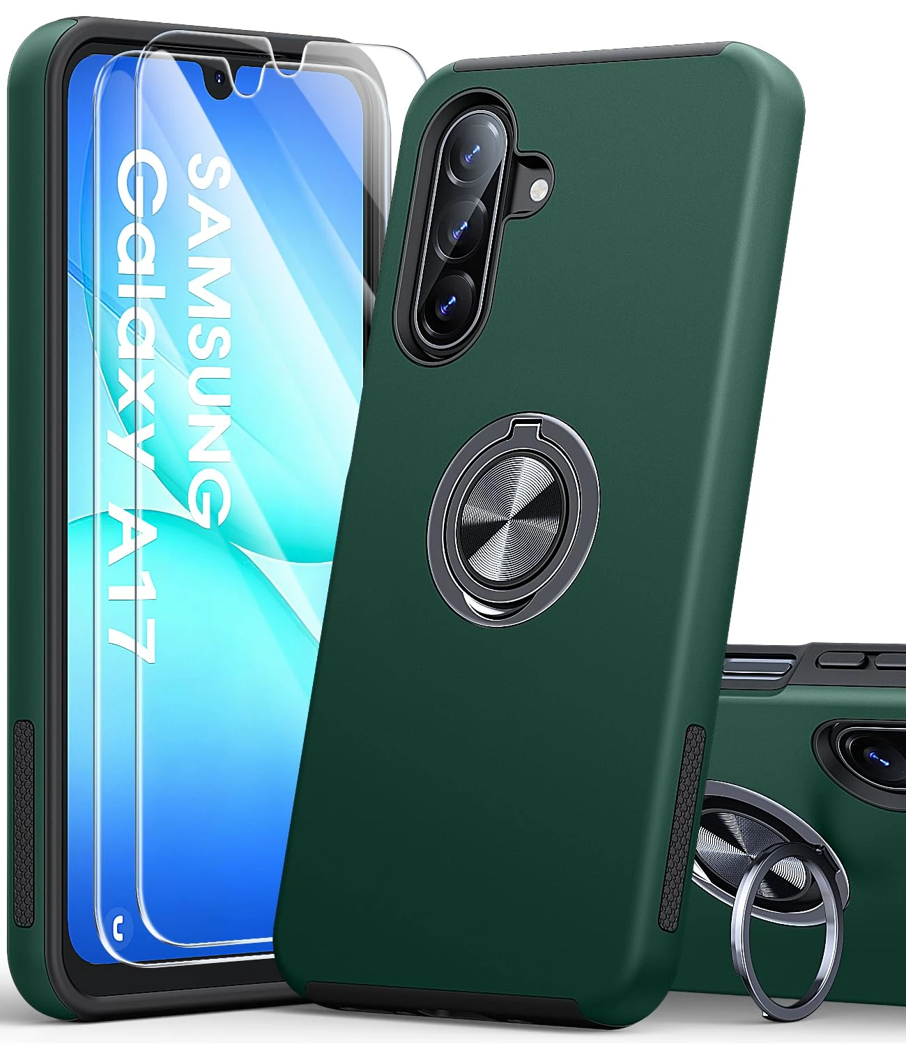 AOUIA for Samsung Galaxy A17 Case with 2-Pack Screen Protector, 3-in-1 Set Cover, 360°Rotating Ring Stand, Military Protection, Shockproof Phone Case for Samsung A17 5G, Blackish Green