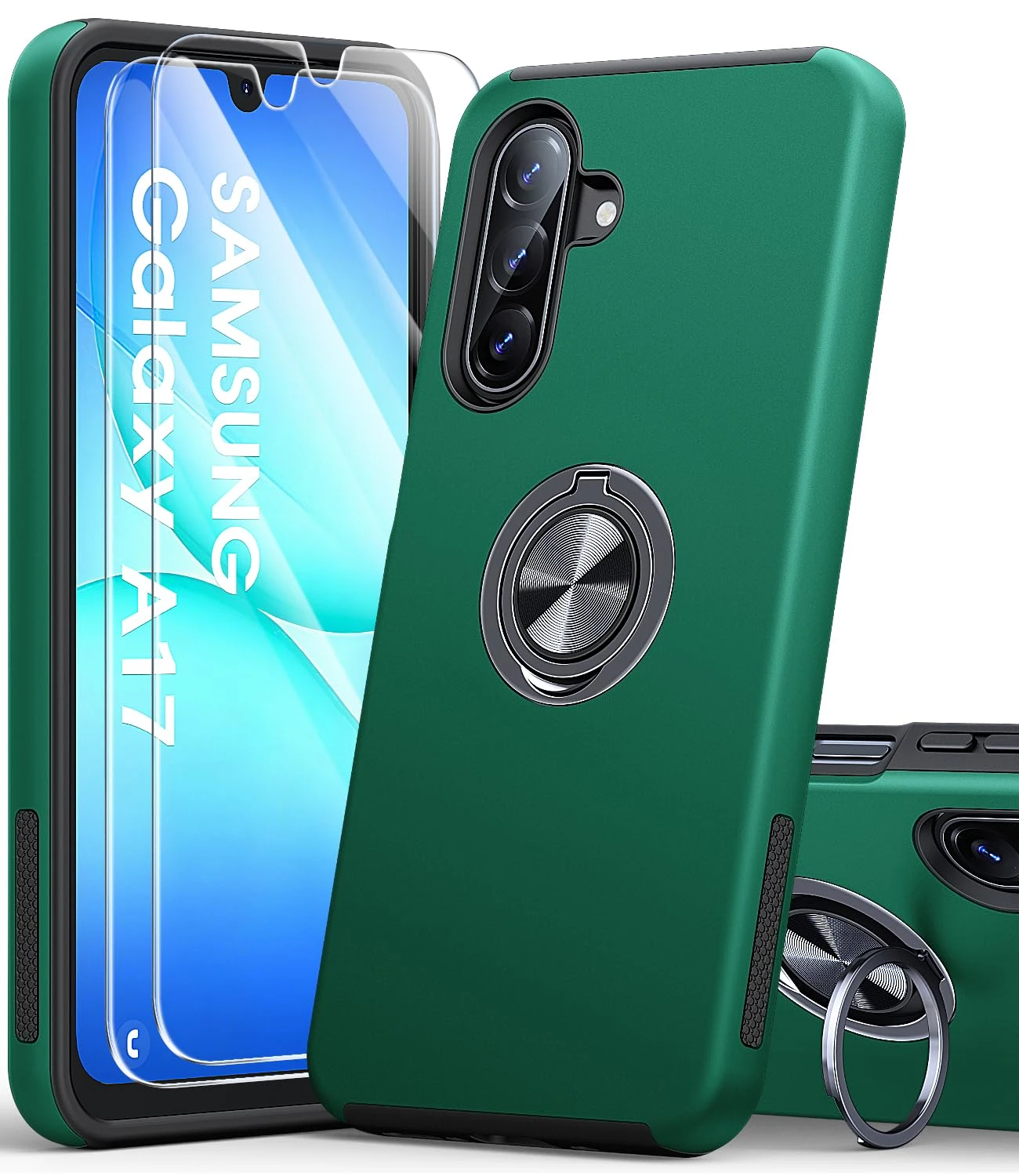 AOUIA for Samsung Galaxy A17 Case with 2-Pack Screen Protector, 3-in-1 Set Cover, 360°Rotating Ring Stand, Military Protection, Shockproof Phone Case for Samsung A17 5G, Deep Green