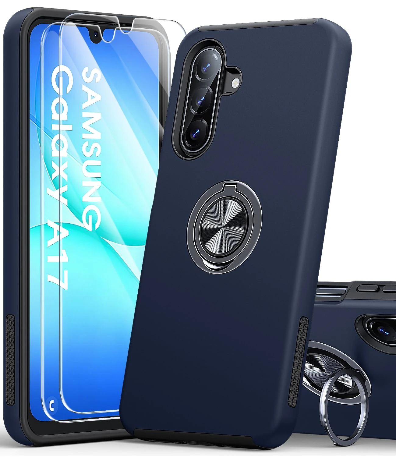 AOUIA for Samsung Galaxy A17 Case with 2-Pack Screen Protector, 3-in-1 Set Cover, 360°Rotating Ring Stand, Military Protection, Shockproof Phone Case for Samsung A17 5G, Navy Blue