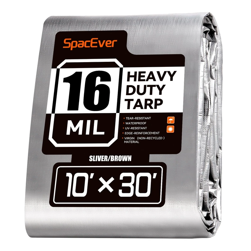 SpacEver 10x30 FT Tarp Waterproof, 16 Mil Tarps Heavy Duty Waterproof Multipurpose Protective Cover UV Resistant Rip & Tear Resistant of with Grommets Reversible for Home Boats Cars Camping