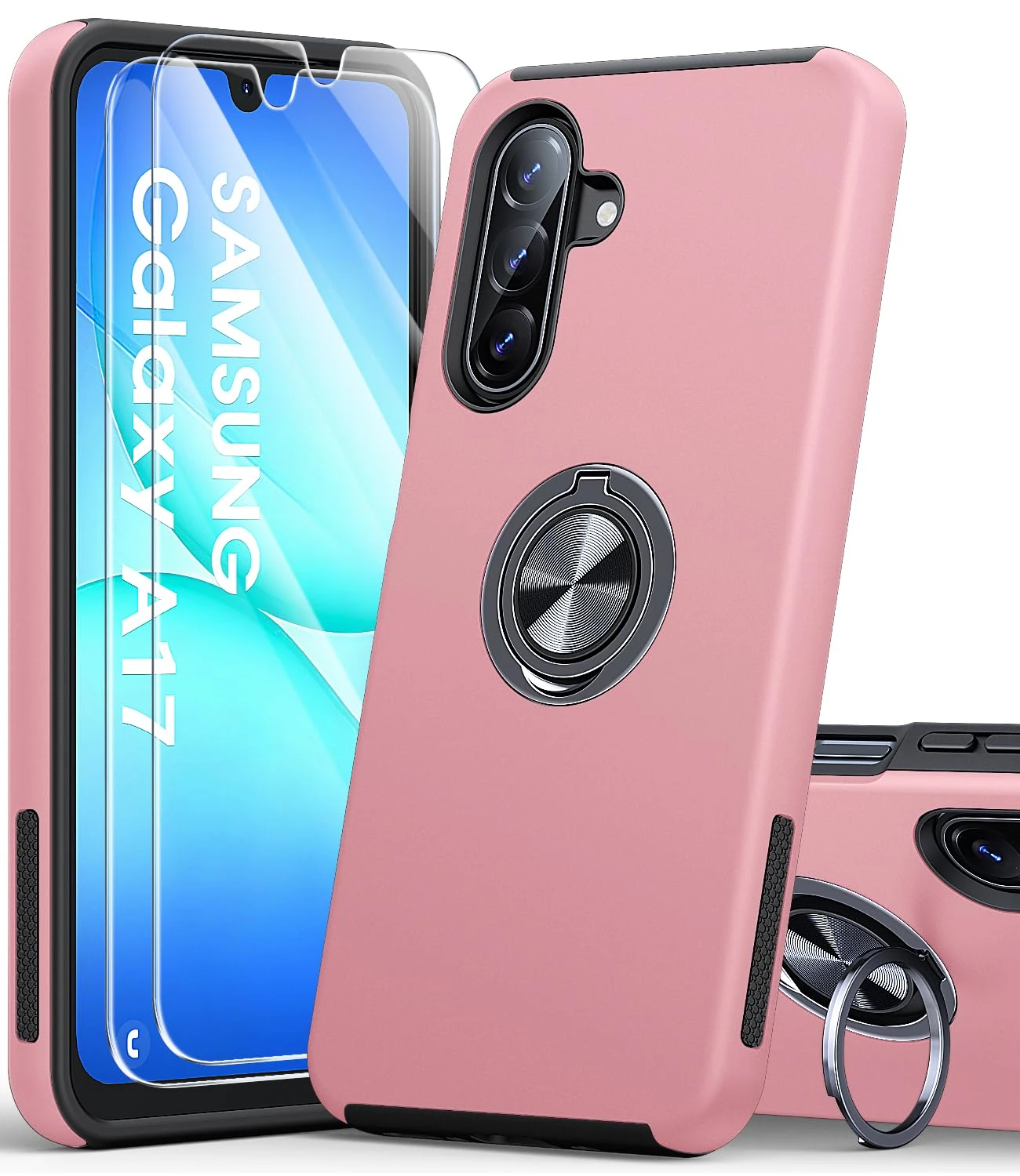 AOUIA for Samsung Galaxy A17 Case with 2-Pack Screen Protector, 3-in-1 Set Cover, 360°Rotating Ring Stand, Military Protection, Shockproof Phone Case for Samsung A17 5G, Pink