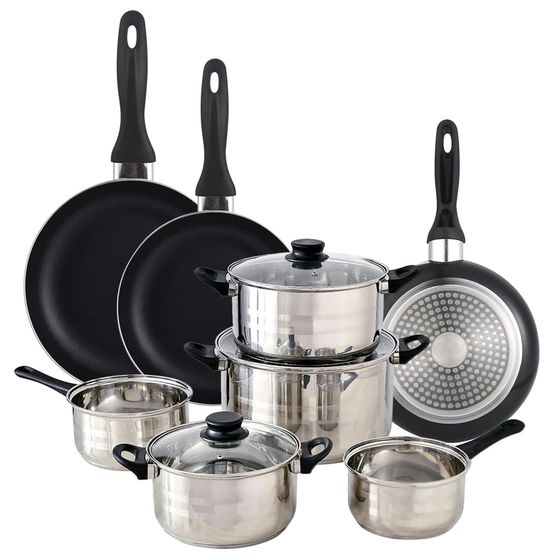 Well Home Set of 8pc Stainless Steel Cookware + 3 Frying Pans Ø16Ø20Ø24cm Black in Pressed Aluminium