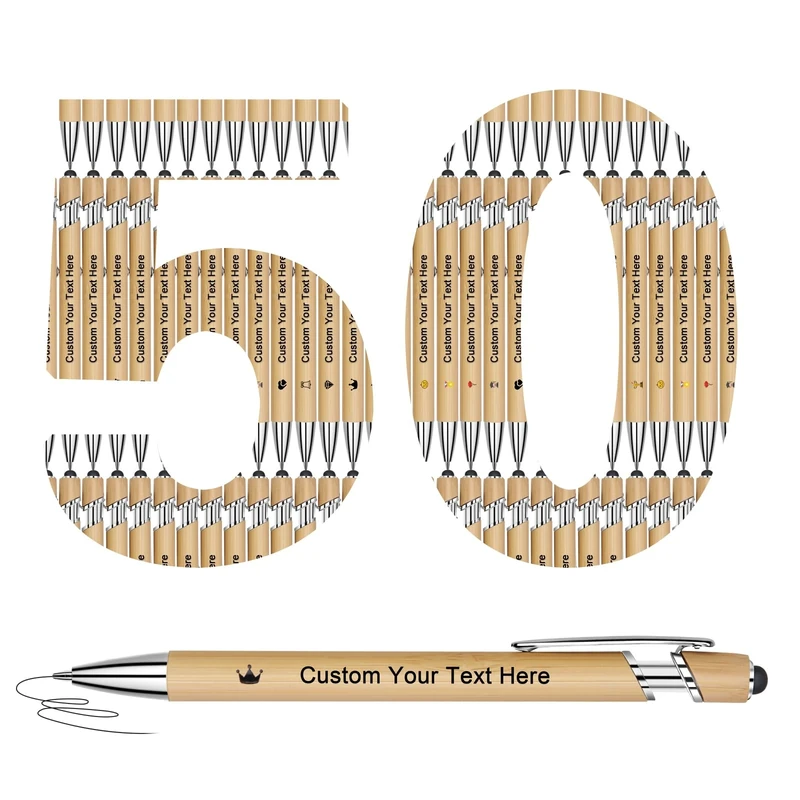 ENOMY 50 Pcs Bulk Personalised Ballpoint Pens with Text Logo Bamboo Custom Pens for Teachers Students Birthday Graduate Office College